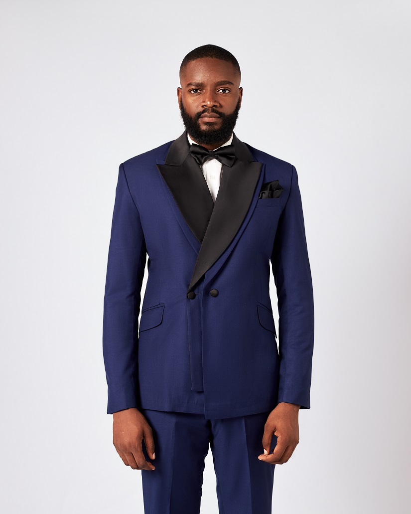 Navy Blue Wool Peak Double-Lapel Double breasted Tuxedo Suit